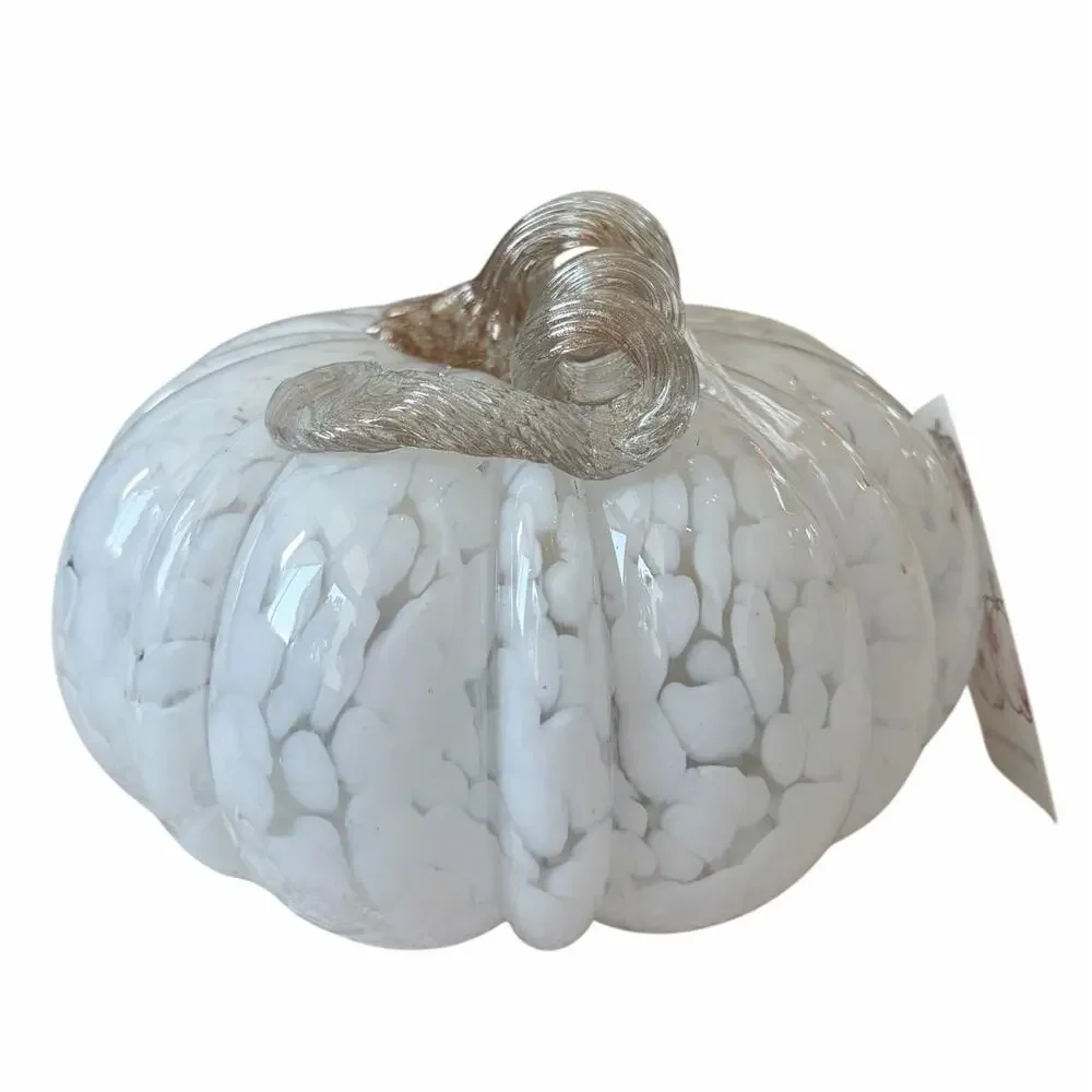 Shabby Chic Hand Blown Art Glass White Pumpkin Amber Stem 8